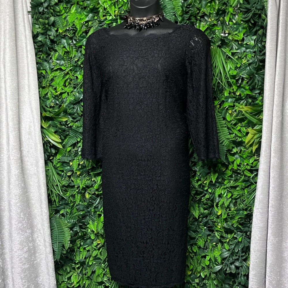 Adrianna Papell Dress 16W Black Lace Sheath 3/4 Sleeve Back Zip Formal 4200